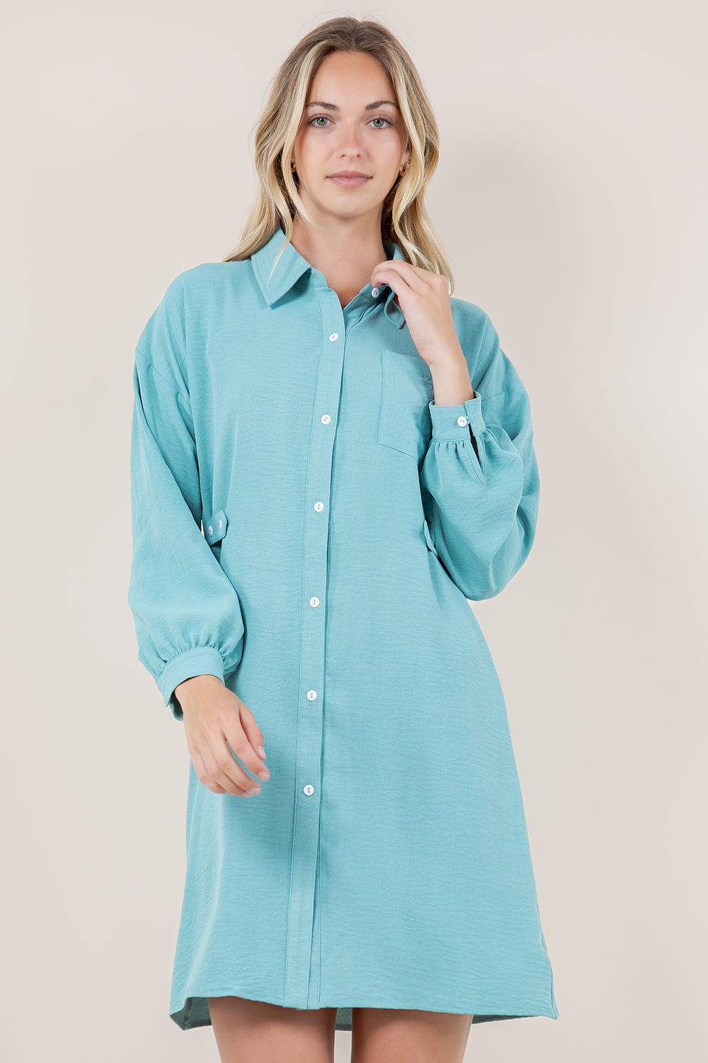 LS BUTTON UP DRESS WITH ADJUSTABLE SIDE TAB - D3529-AFLW-ALOE