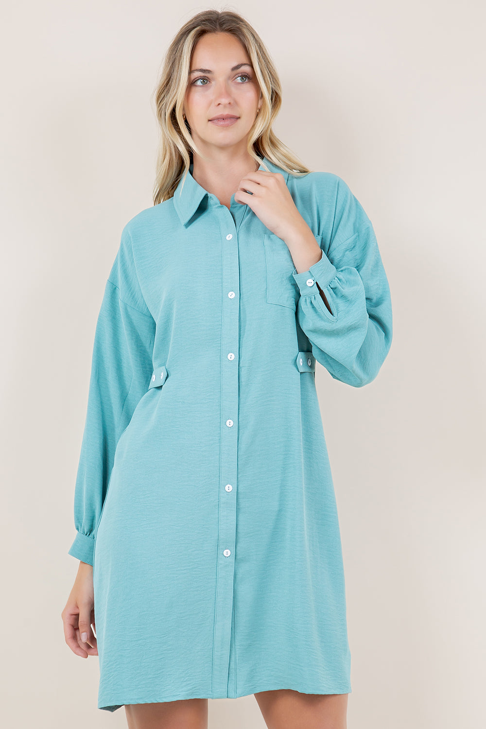 LS BUTTON UP DRESS WITH ADJUSTABLE SIDE TAB - D3529-AFLW-ALOE