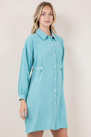 LS BUTTON UP DRESS WITH ADJUSTABLE SIDE TAB - D3529-AFLW-ALOE