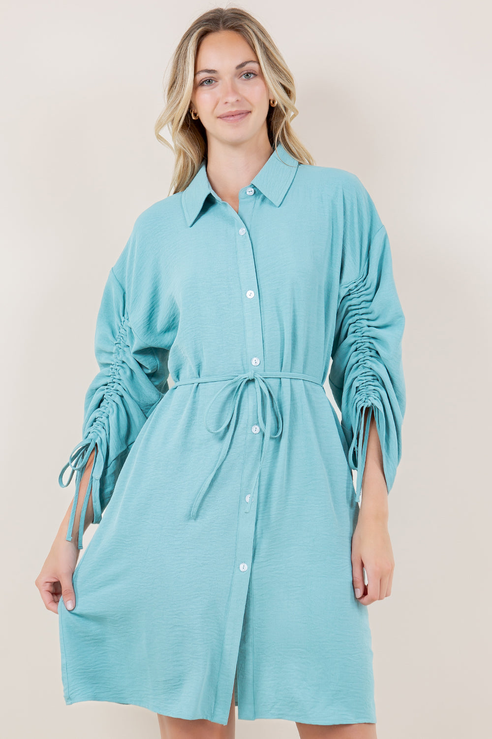 LS RUCHED BUTTON FRONT DRESS - D3530-AFLW-ALOE