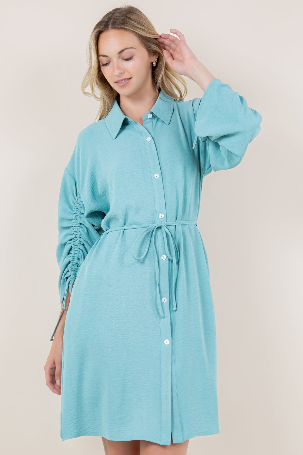 LS RUCHED BUTTON FRONT DRESS - D3530-AFLW-ALOE