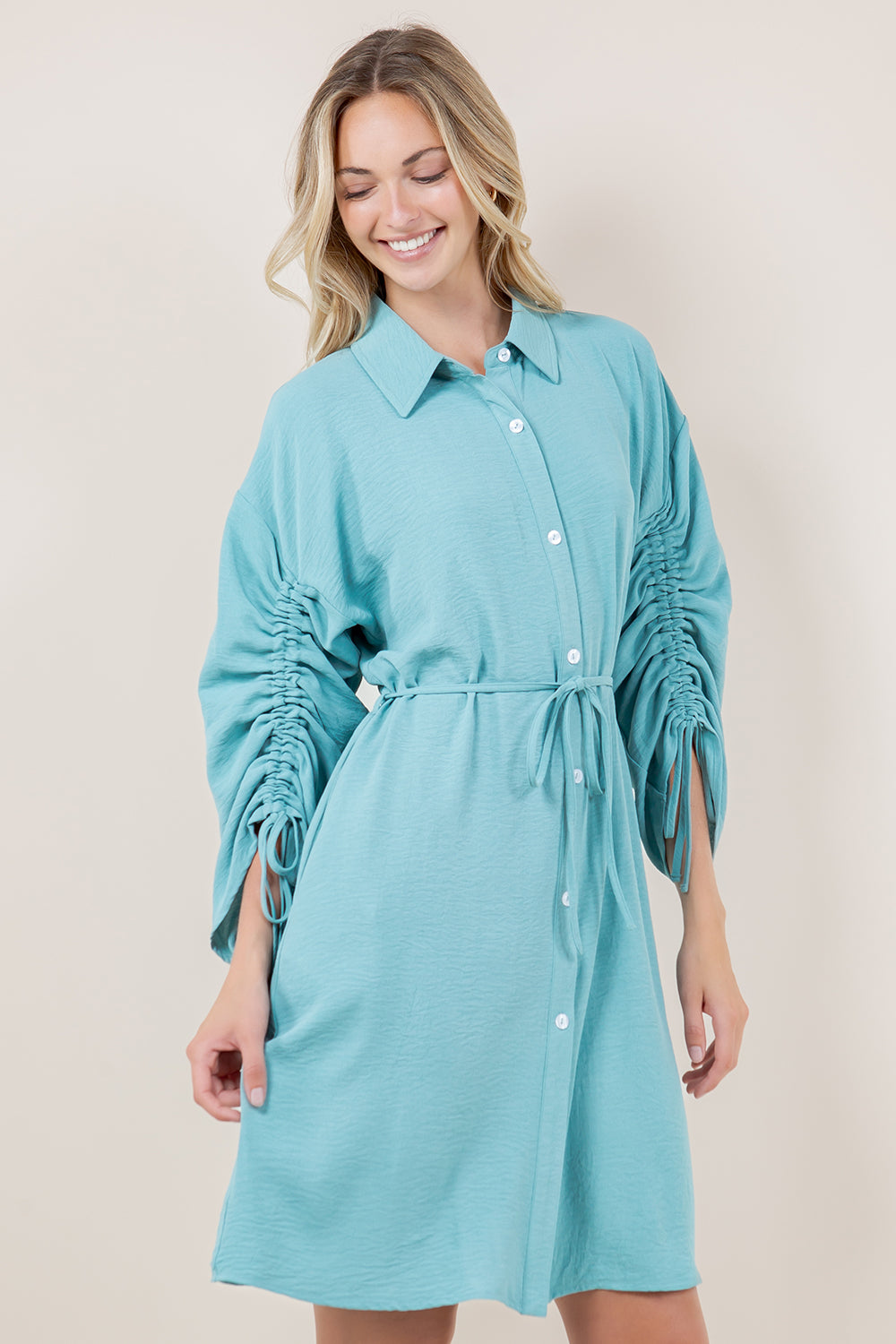 LS RUCHED BUTTON FRONT DRESS - D3530-AFLW-ALOE