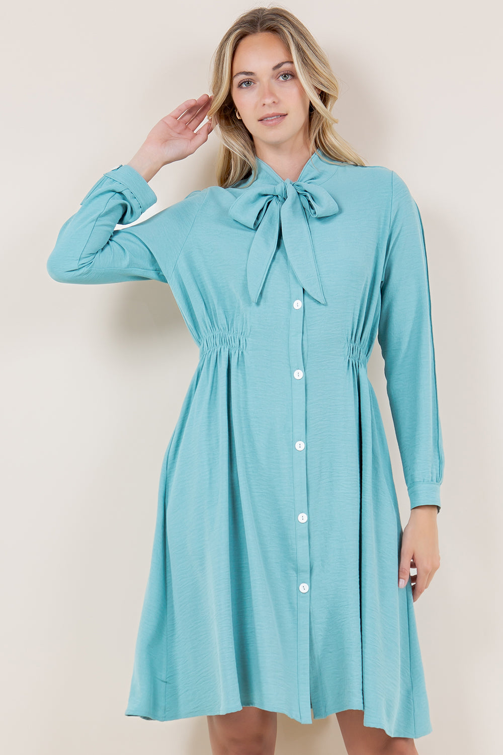 LS BOW TIE NK BUTTON FRONT DRESS - D3531-AFLW-ALOE