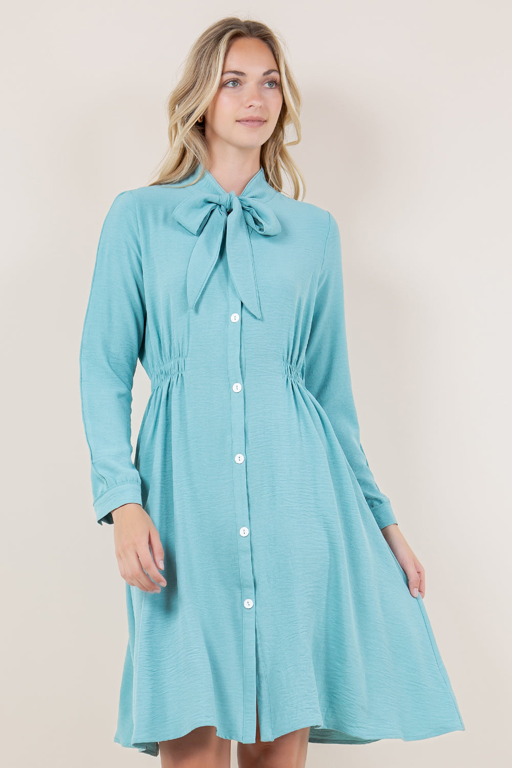 LS BOW TIE NK BUTTON FRONT DRESS - D3531-AFLW-ALOE