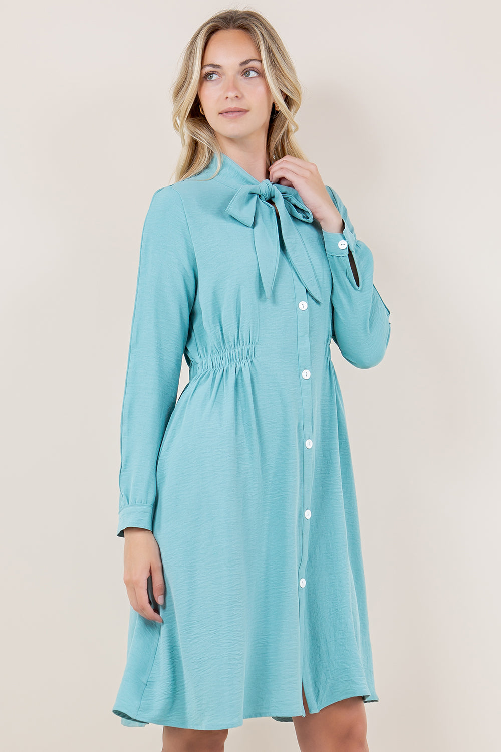 LS BOW TIE NK BUTTON FRONT DRESS - D3531-AFLW-ALOE