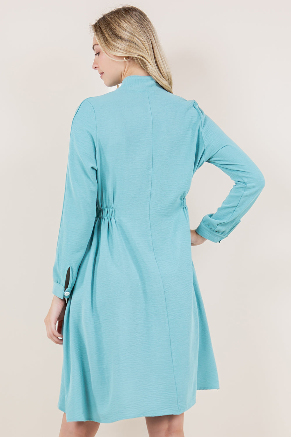 LS BOW TIE NK BUTTON FRONT DRESS - D3531-AFLW-ALOE