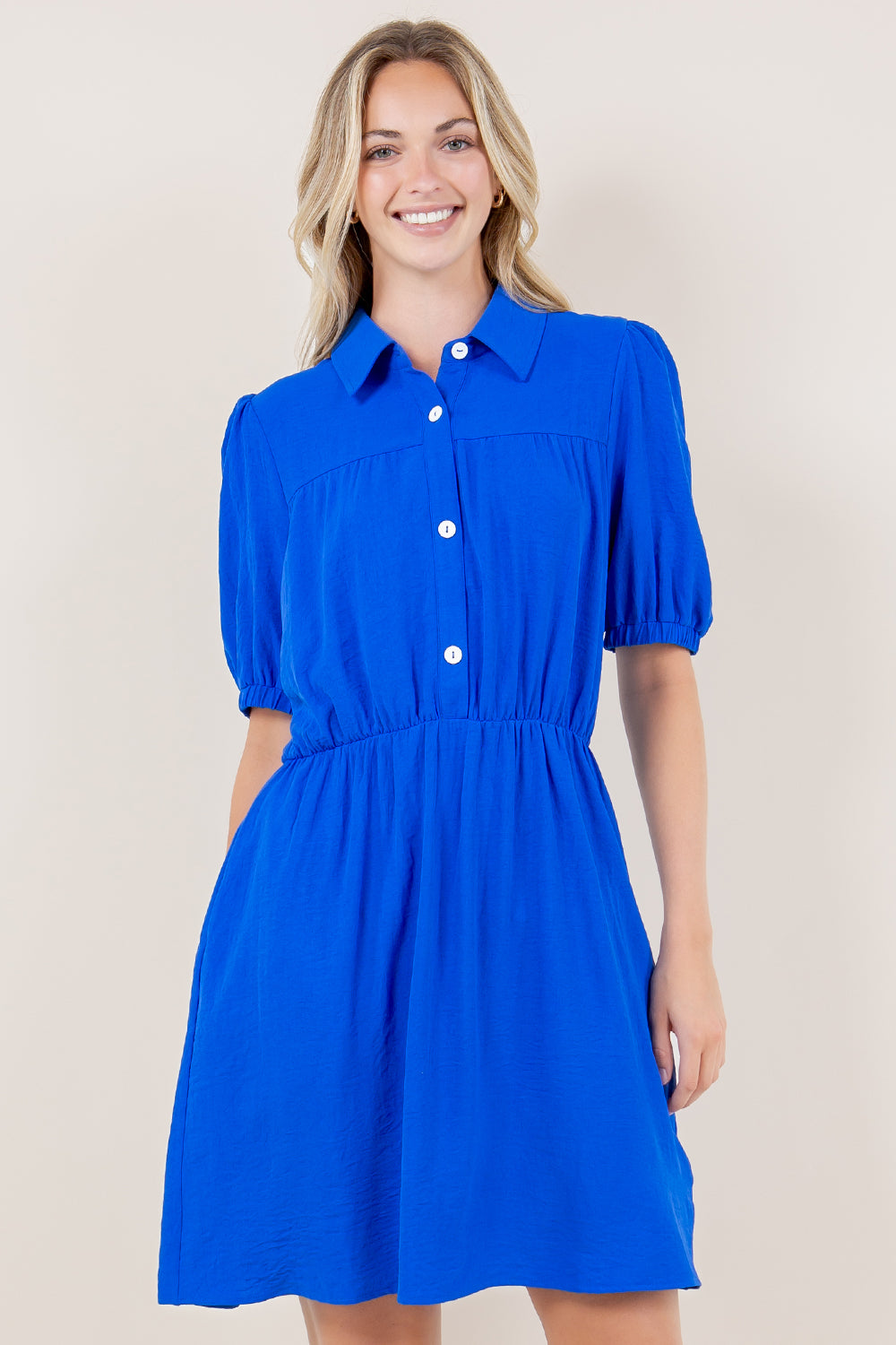 PUFF SS TIER BUTTON FRONT DRESS - D3532-AFLW-ROYAL