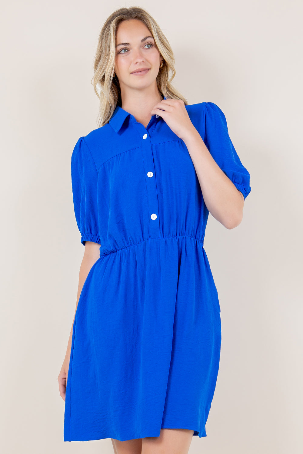 PUFF SS TIER BUTTON FRONT DRESS - D3532-AFLW-ROYAL