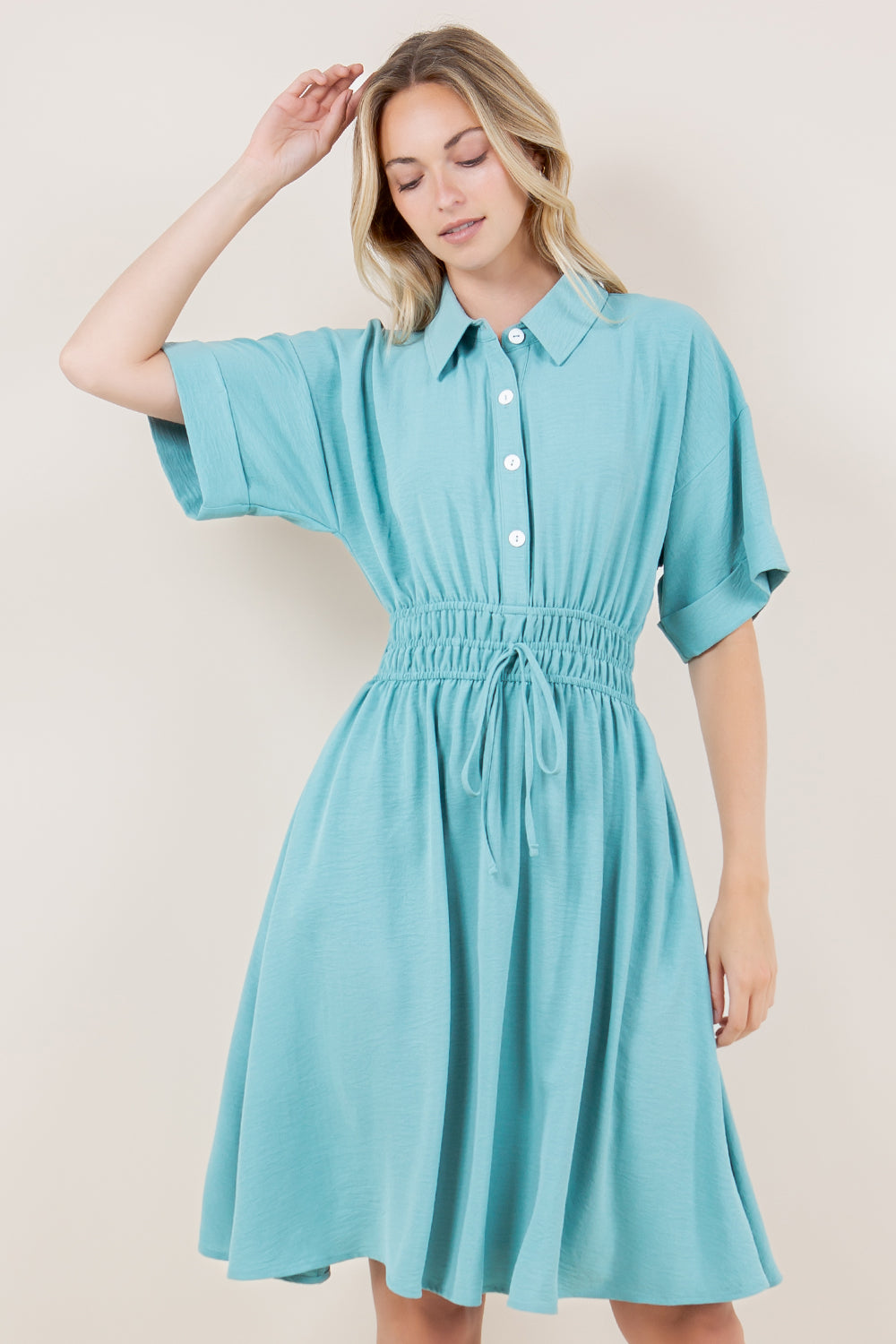 SS DROPPED SLD WAIST ELASTICS SHIRT DRESS - D3534-AFLW-ALOE