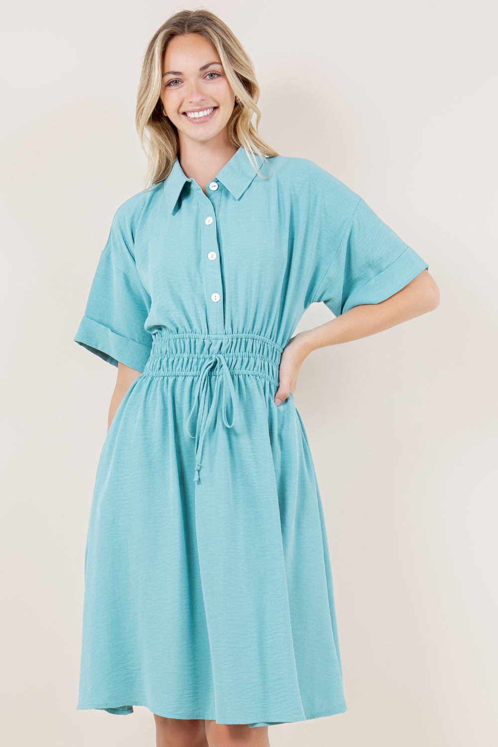 SS DROPPED SLD WAIST ELASTICS SHIRT DRESS - D3534-AFLW-ALOE