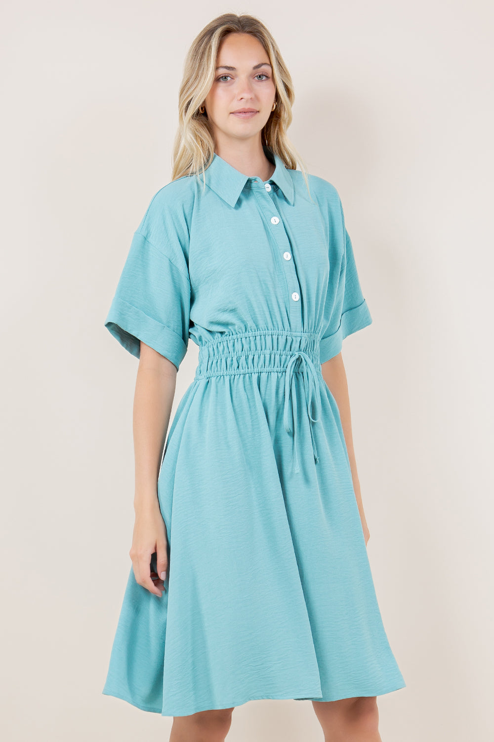 SS DROPPED SLD WAIST ELASTICS SHIRT DRESS - D3534-AFLW-ALOE