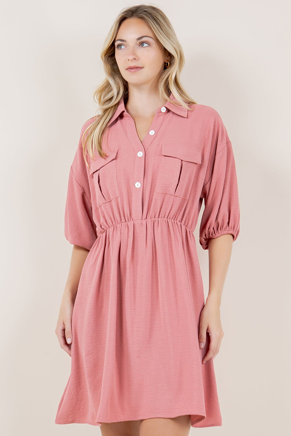 ELB BALOON SLV SAFARI PLACKET SHIRT DRESS - D3536-AFLW-MAUVE