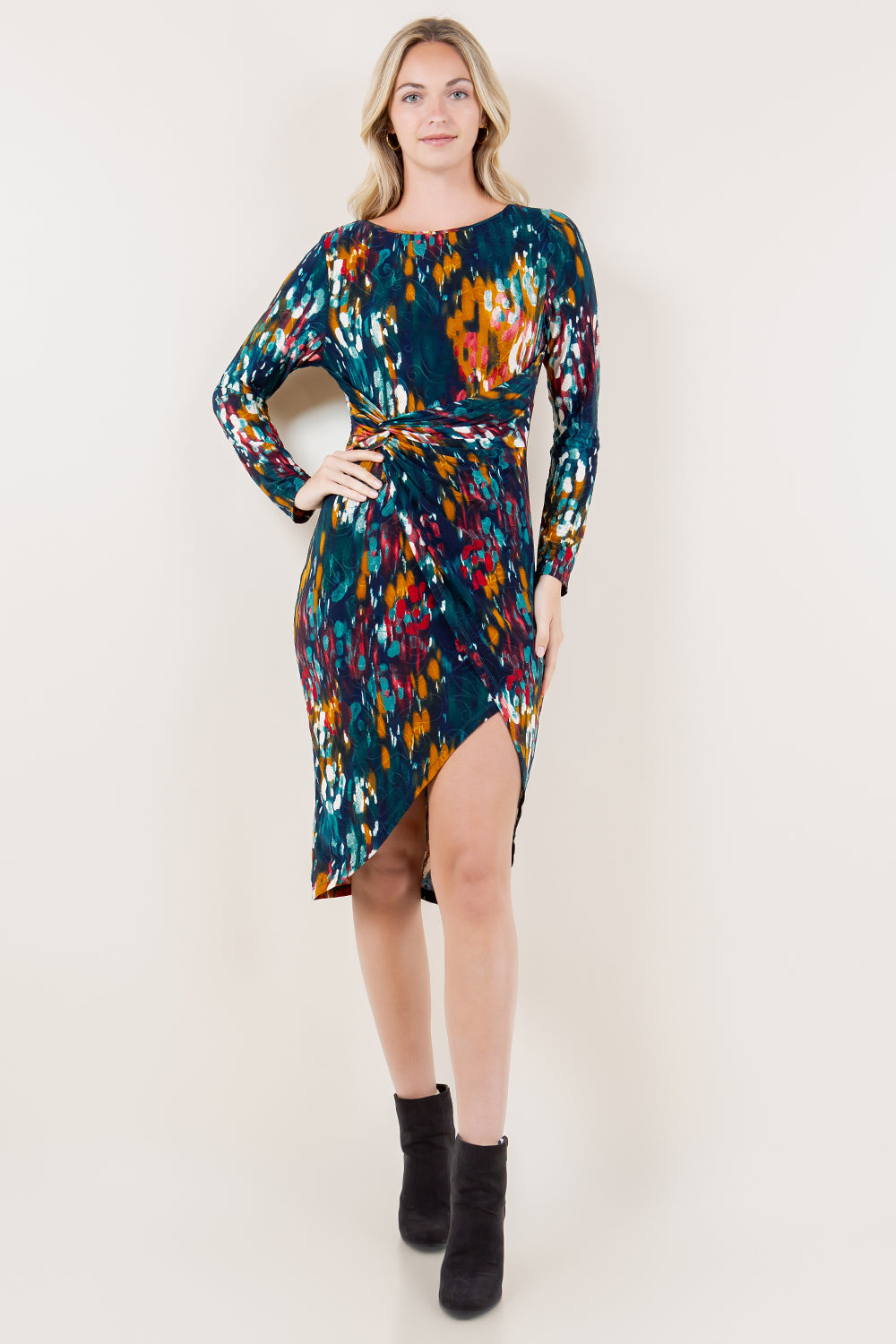 LG SLV RD NK ASY FAUX FITTED DRESS - D3539-A4539