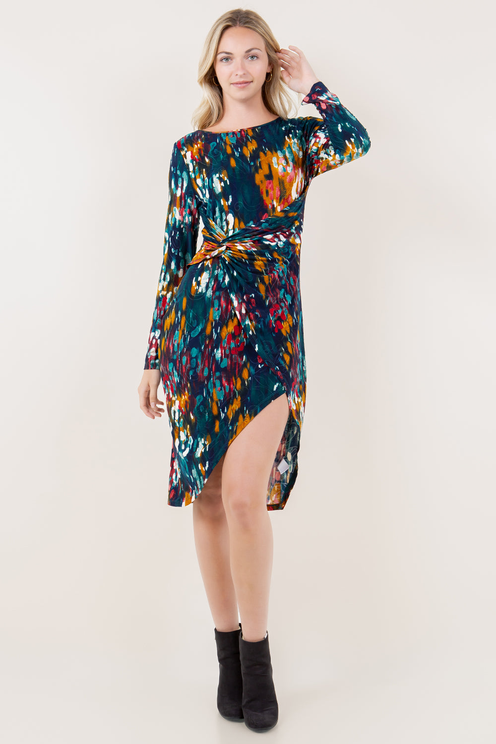 LG SLV RD NK ASY FAUX FITTED DRESS - D3539-A4539