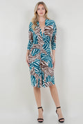 3/4 SLV WRAP V NK RUCHED FITTED DRESS - D3542-0651-4