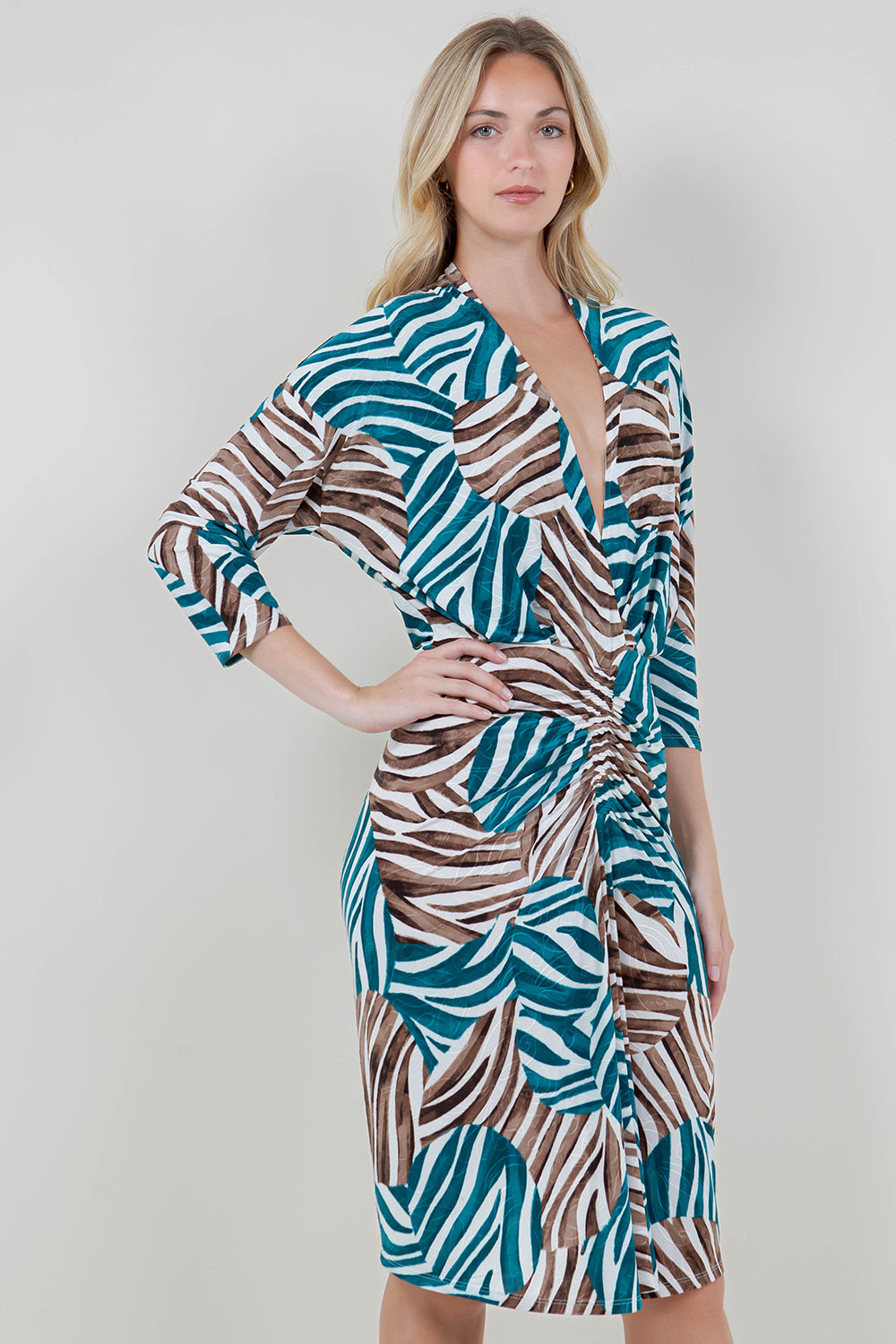 3/4 SLV WRAP V NK RUCHED FITTED DRESS - D3542-0651-4