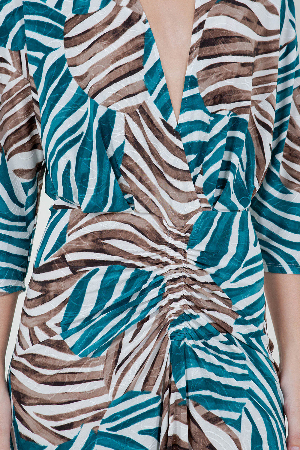 3/4 SLV WRAP V NK RUCHED FITTED DRESS - D3542-0651-4