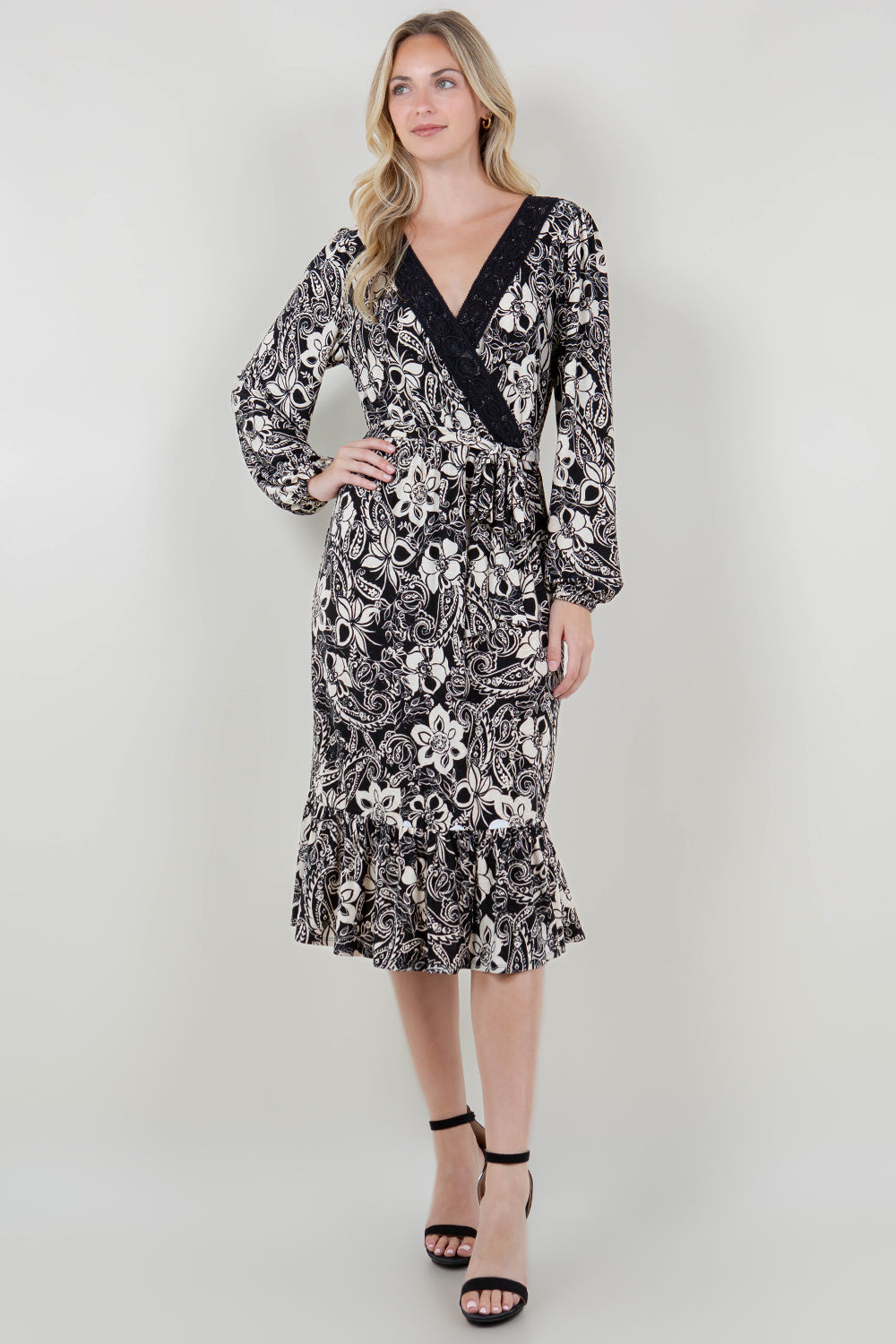 LG SLV WRAP LACE V NK TIE WST DRESS - D3544-0739-6E