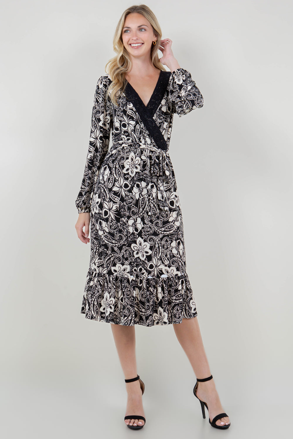LG SLV WRAP LACE V NK TIE WST DRESS - D3544-0739-6E