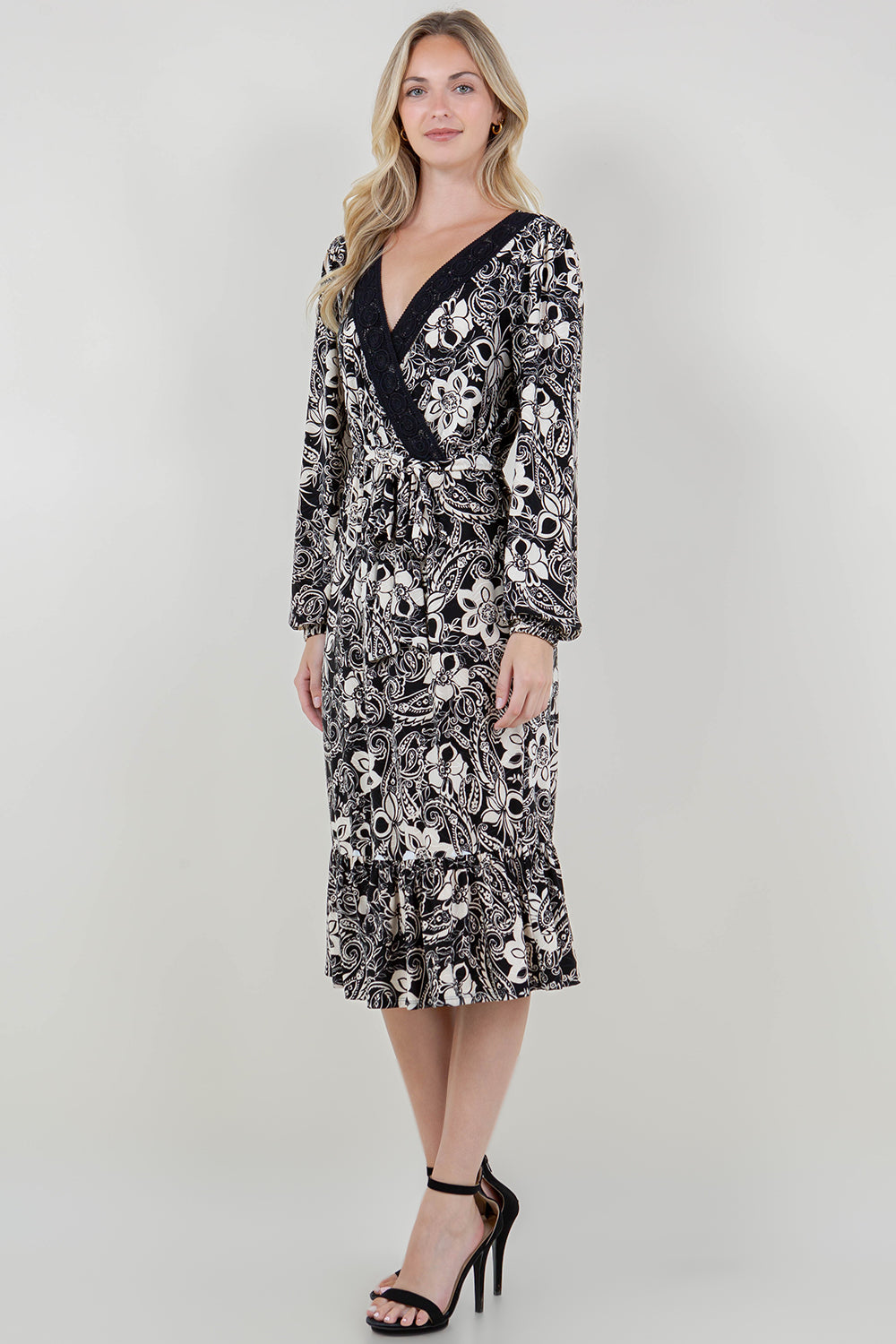 LG SLV WRAP LACE V NK TIE WST DRESS - D3544-0739-6E