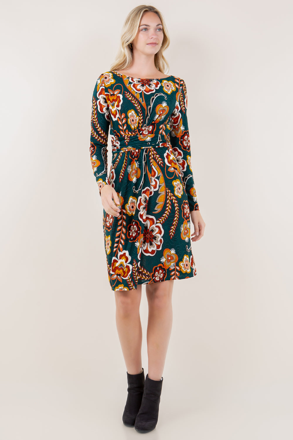 LS BT NK WRAP WST BAND DRESS - D3546-A0557
