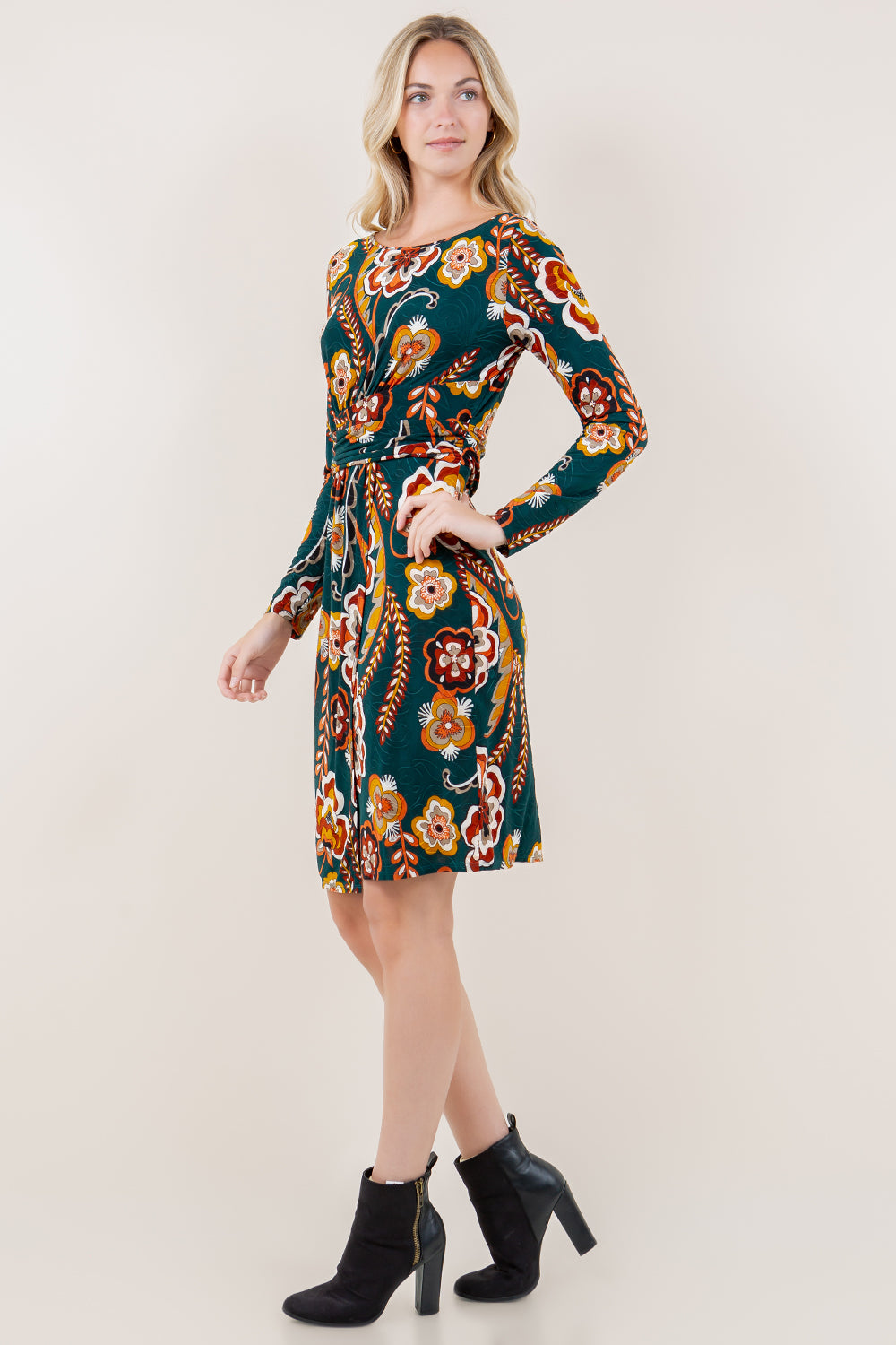 LS BT NK WRAP WST BAND DRESS - D3546-A0557