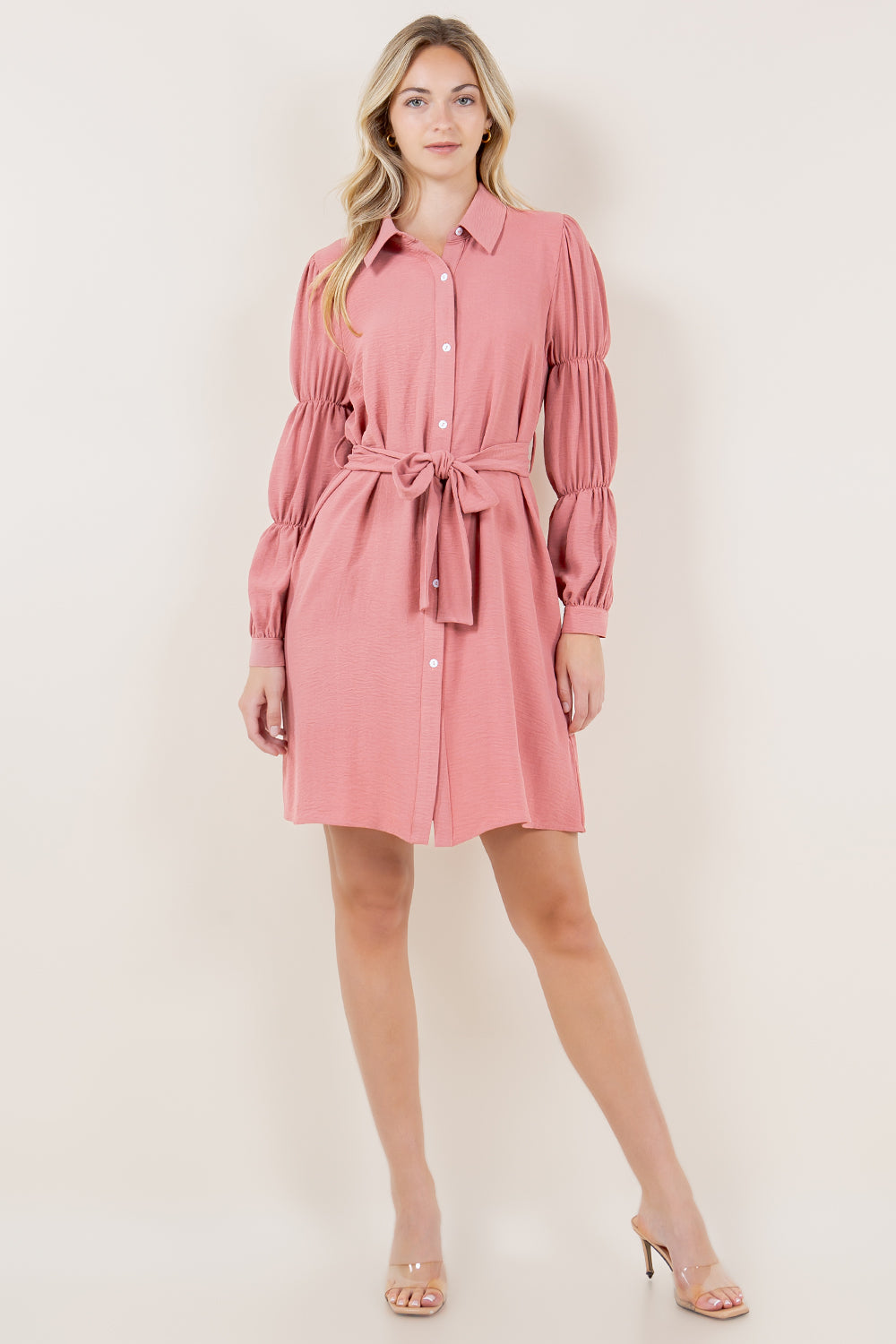 VIRAGO SHIRR LS BUTTON DOWN SHIRT DRESS - D3550-AFLW-MAUVE