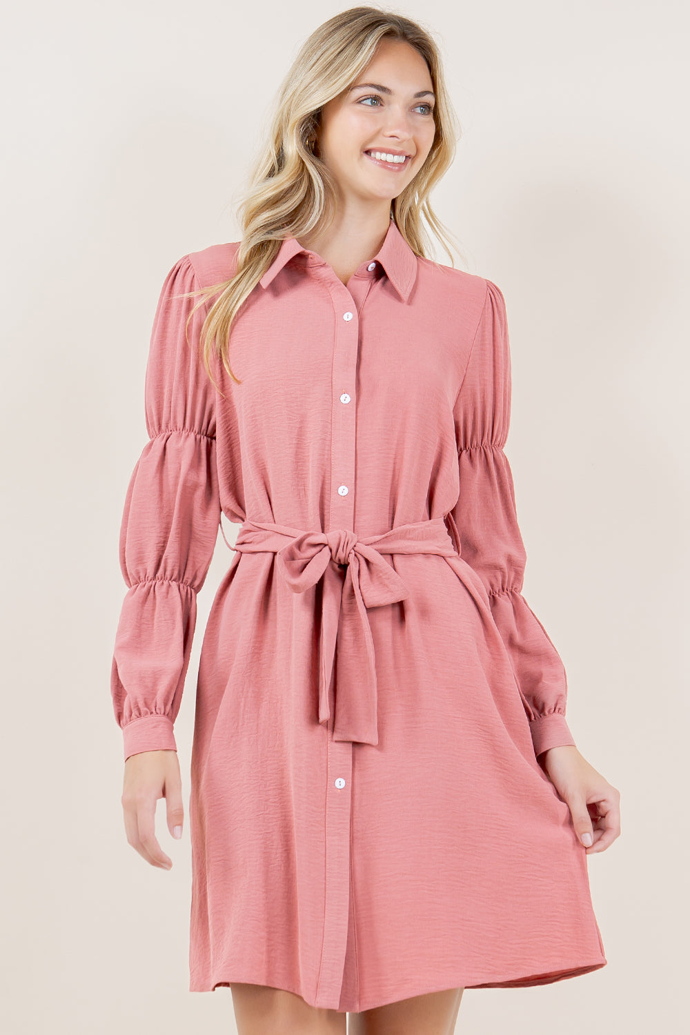 VIRAGO SHIRR LS BUTTON DOWN SHIRT DRESS - D3550-AFLW-MAUVE