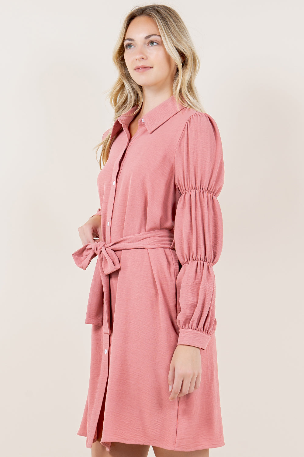 VIRAGO SHIRR LS BUTTON DOWN SHIRT DRESS - D3550-AFLW-MAUVE