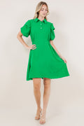 SS TACKED BUBBLE SLEEVES HALF PLACKET DRESS - D3553-AFLW-KELLYGREEN