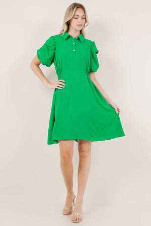 SS TACKED BUBBLE SLEEVES HALF PLACKET DRESS - D3553-AFLW-KELLYGREEN