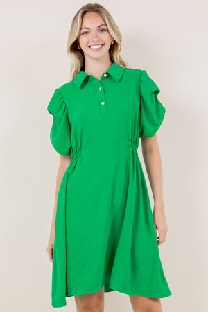SS TACKED BUBBLE SLEEVES HALF PLACKET DRESS - D3553-AFLW-KELLYGREEN
