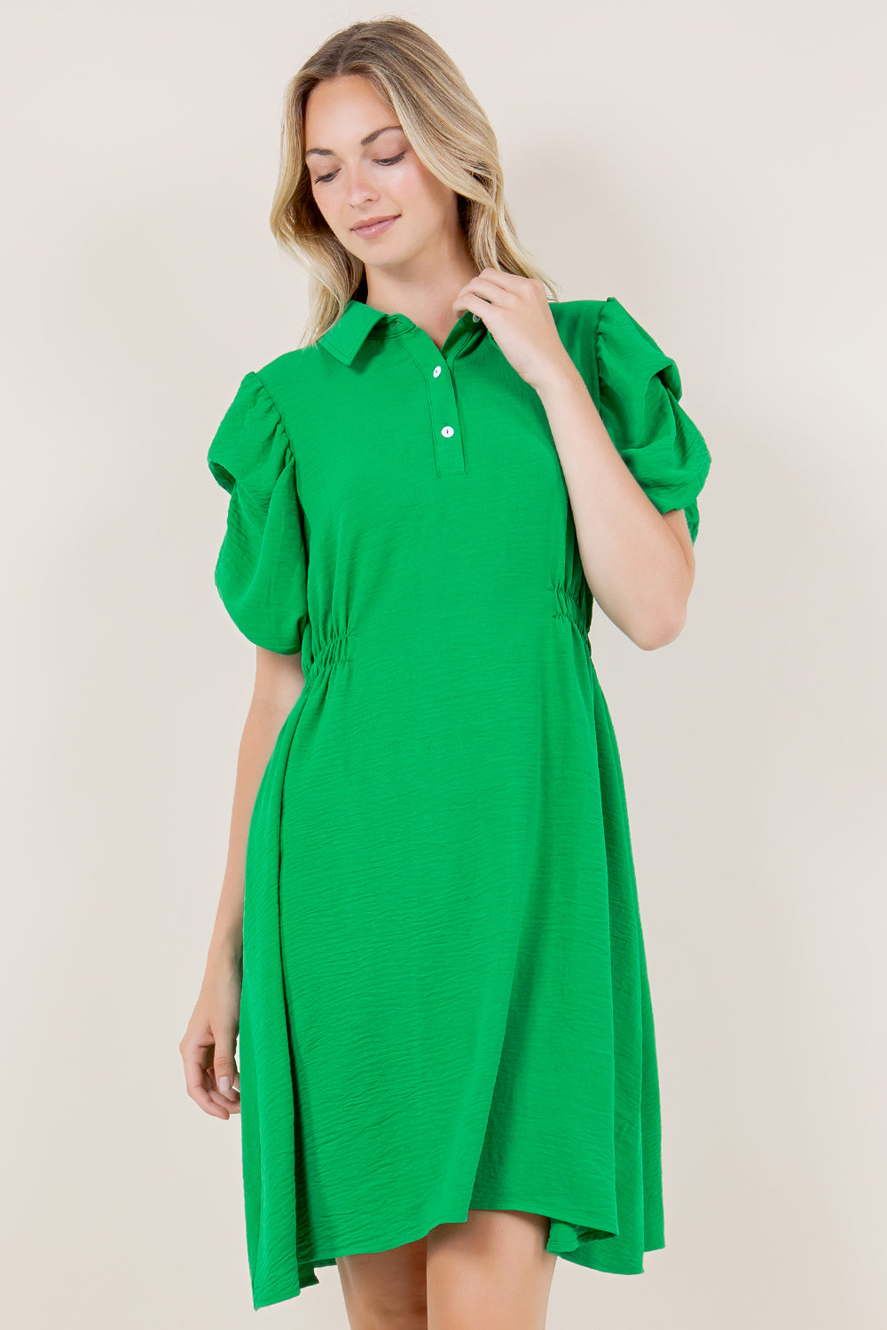 SS TACKED BUBBLE SLEEVES HALF PLACKET DRESS - D3553-AFLW-KELLYGREEN