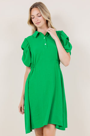 SS TACKED BUBBLE SLEEVES HALF PLACKET DRESS - D3553-AFLW-KELLYGREEN