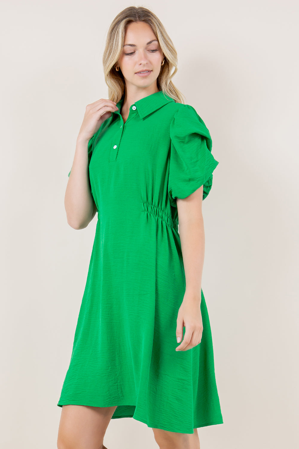 SS TACKED BUBBLE SLEEVES HALF PLACKET DRESS - D3553-AFLW-KELLYGREEN
