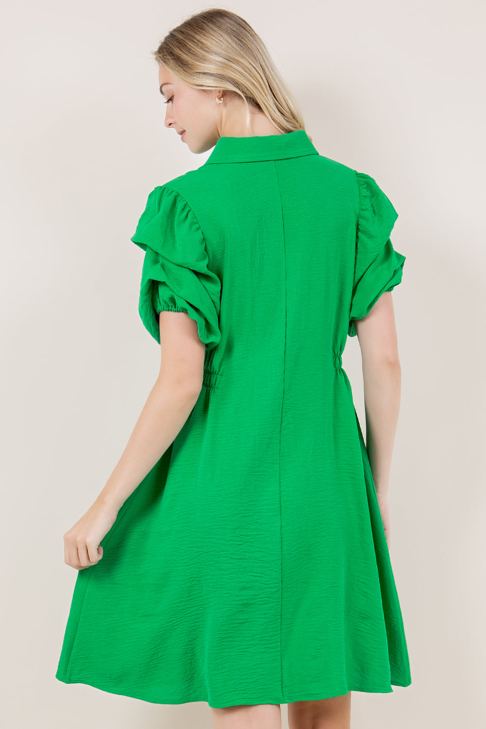 SS TACKED BUBBLE SLEEVES HALF PLACKET DRESS - D3553-AFLW-KELLYGREEN
