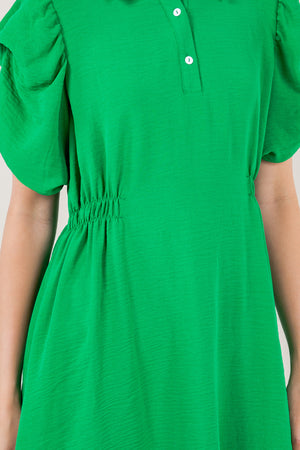 SS TACKED BUBBLE SLEEVES HALF PLACKET DRESS - D3553-AFLW-KELLYGREEN