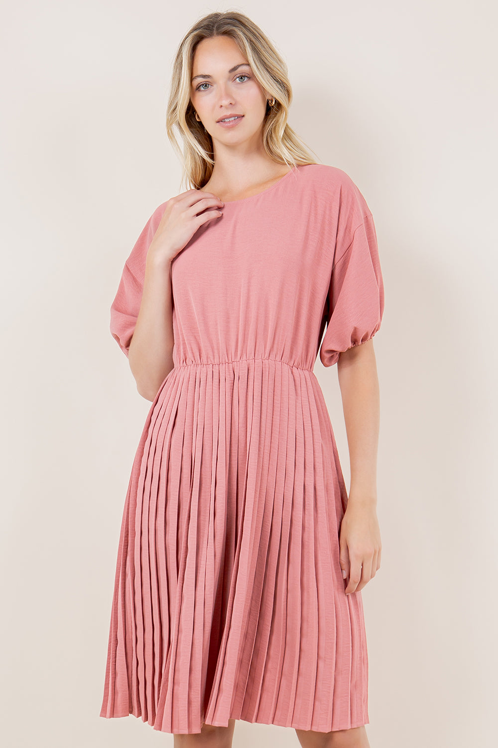 BALLOON ELB SLEEVE PLEATED DRESS - D3554-MAUVE