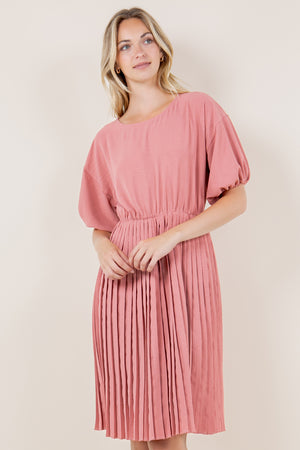 BALLOON ELB SLEEVE PLEATED DRESS - D3554-MAUVE