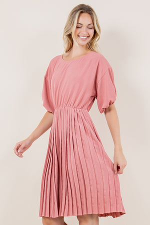 BALLOON ELB SLEEVE PLEATED DRESS - D3554-MAUVE