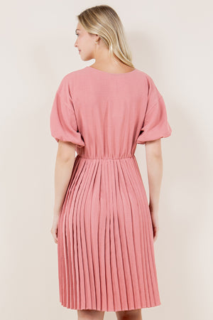 BALLOON ELB SLEEVE PLEATED DRESS - D3554-MAUVE