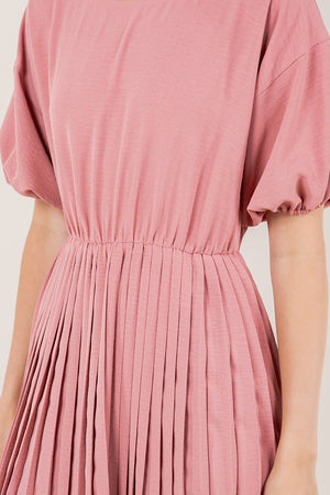 BALLOON ELB SLEEVE PLEATED DRESS - D3554-MAUVE