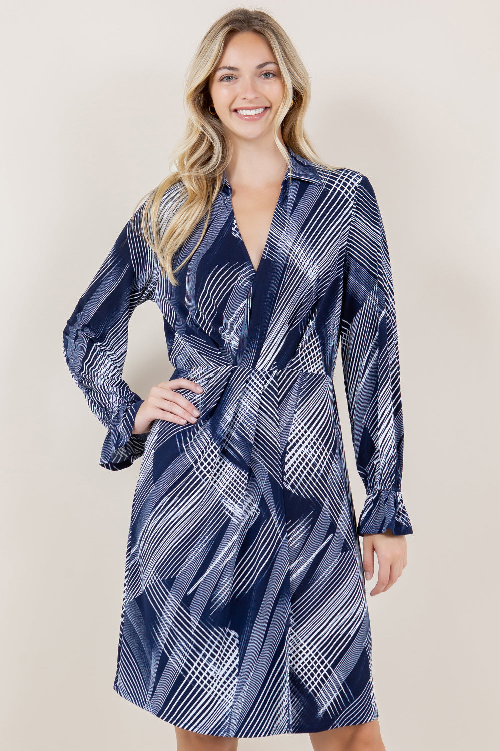 RUFFLE LS SURPLICE PLEATED DRESS - D3565-PN-2547