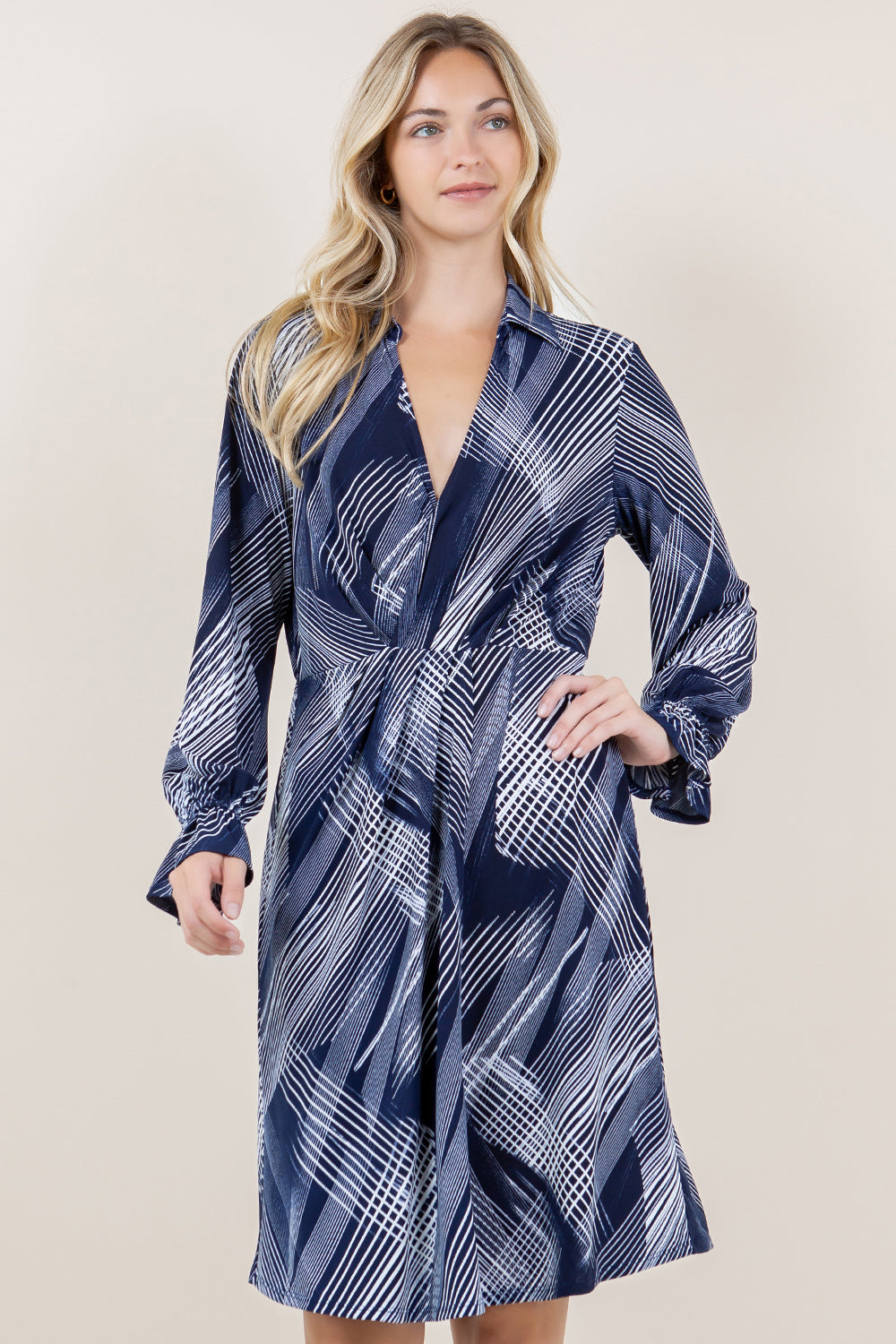 RUFFLE LS SURPLICE PLEATED DRESS - D3565-PN-2547