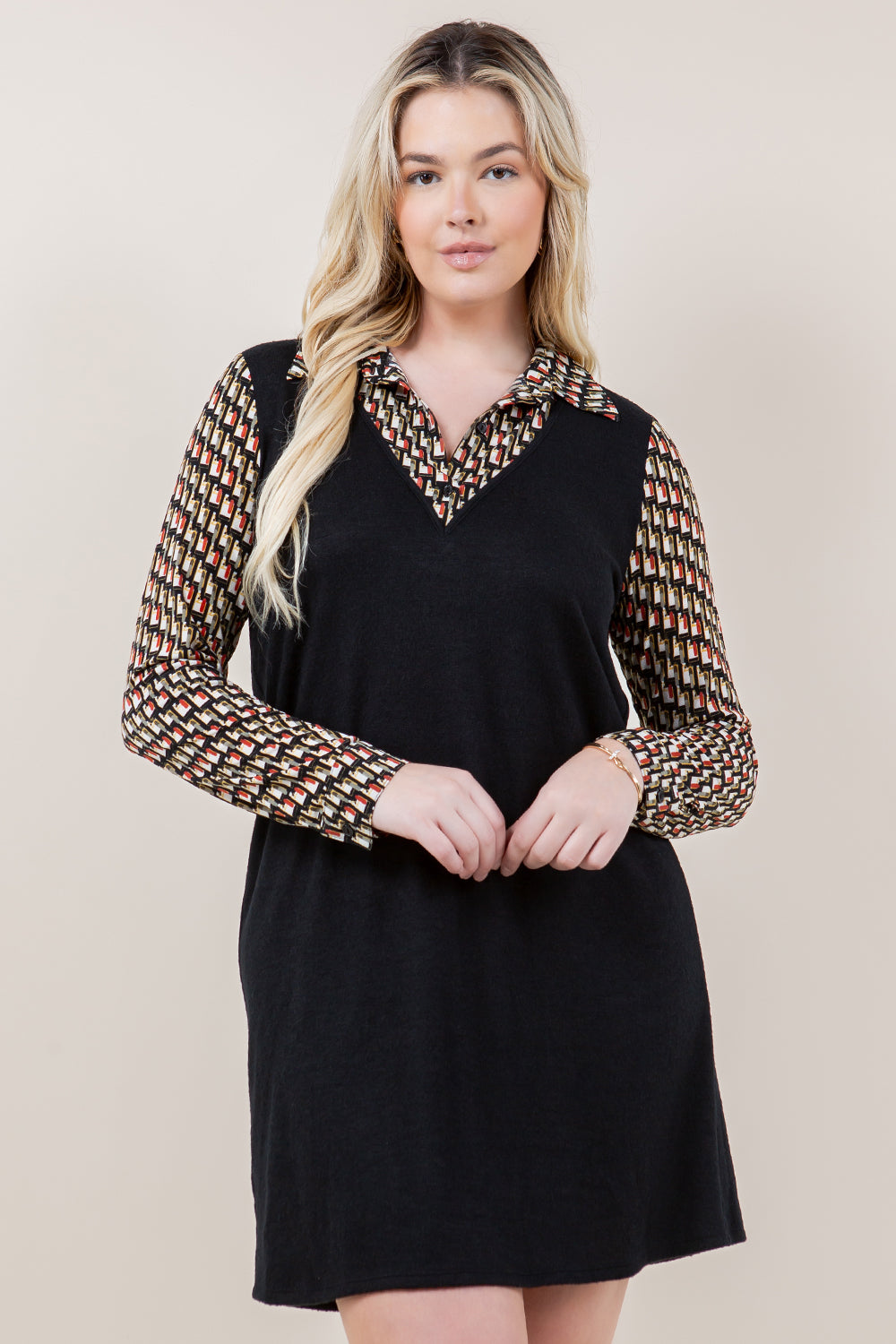 L/SLV SHIRT V NECK BOX 2FER DRESS - D3567-243-1