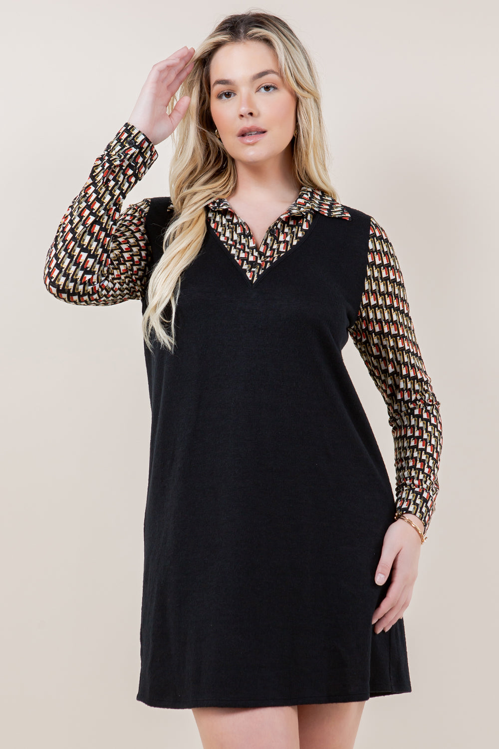 L/SLV SHIRT V NECK BOX 2FER DRESS - D3567-243-1