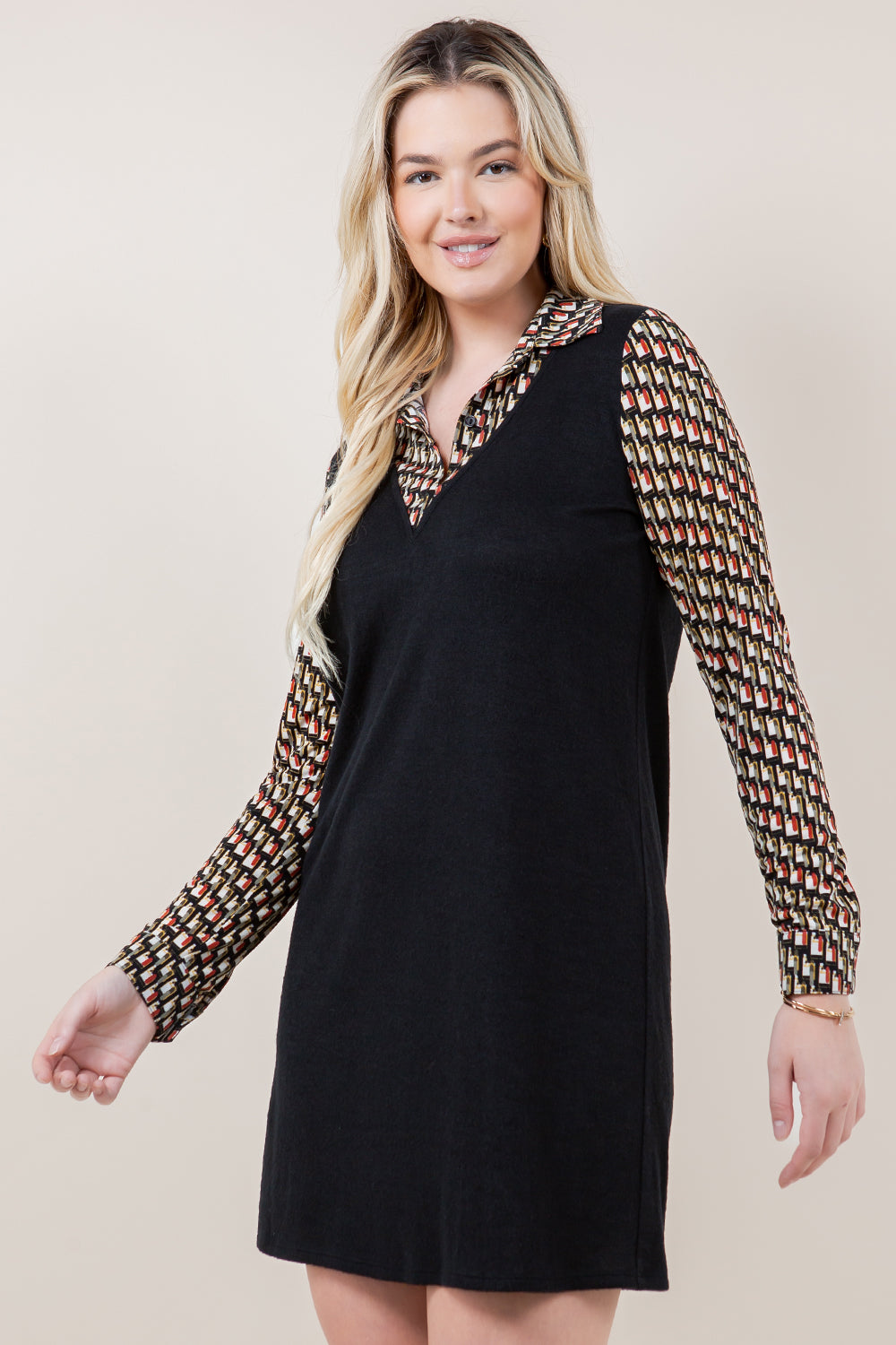 L/SLV SHIRT V NECK BOX 2FER DRESS - D3567-243-1