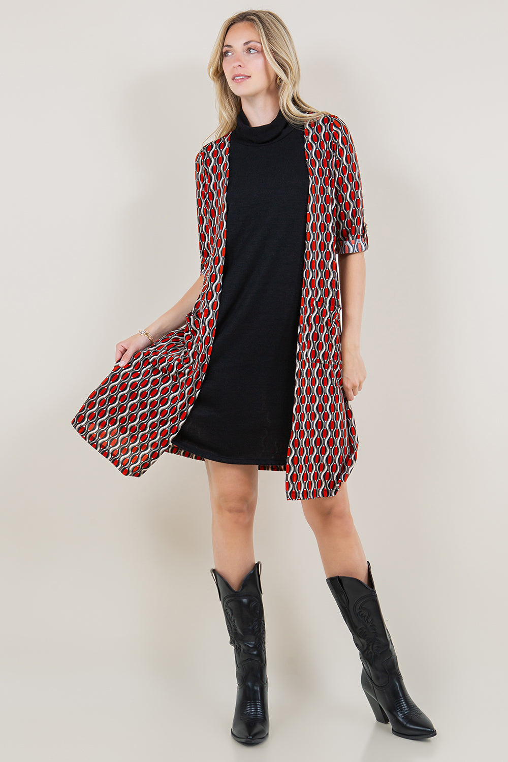 ELBOW SLEEVE COWL NECK CARDIGAN TWOFER DRESS - D3569-95827-1-2FER