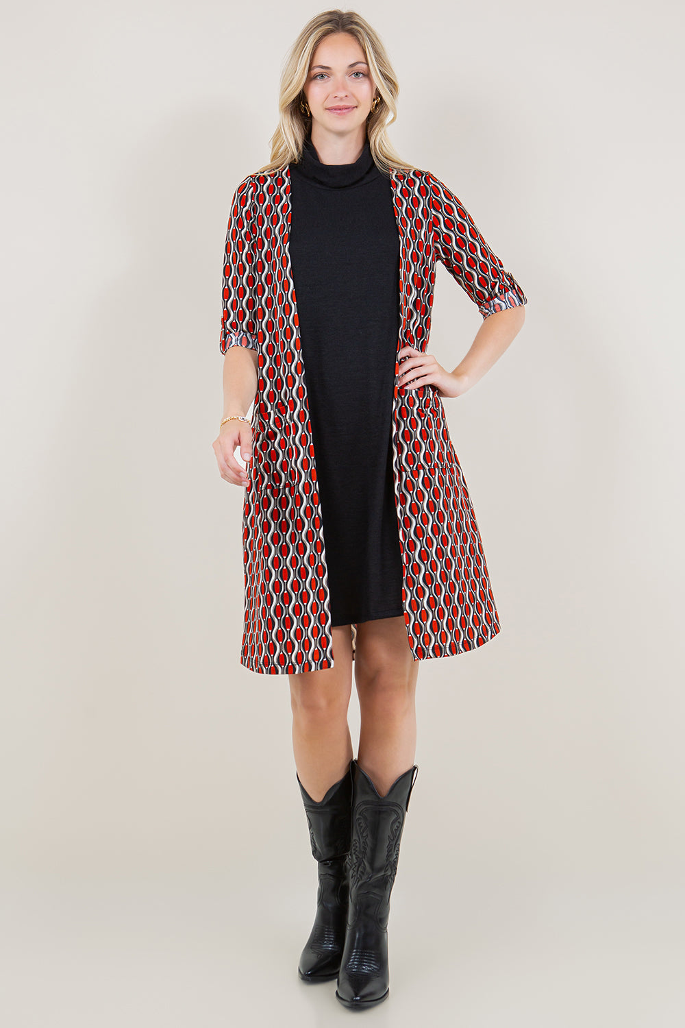 ELBOW SLEEVE COWL NECK CARDIGAN TWOFER DRESS - D3569-95827-1-2FER