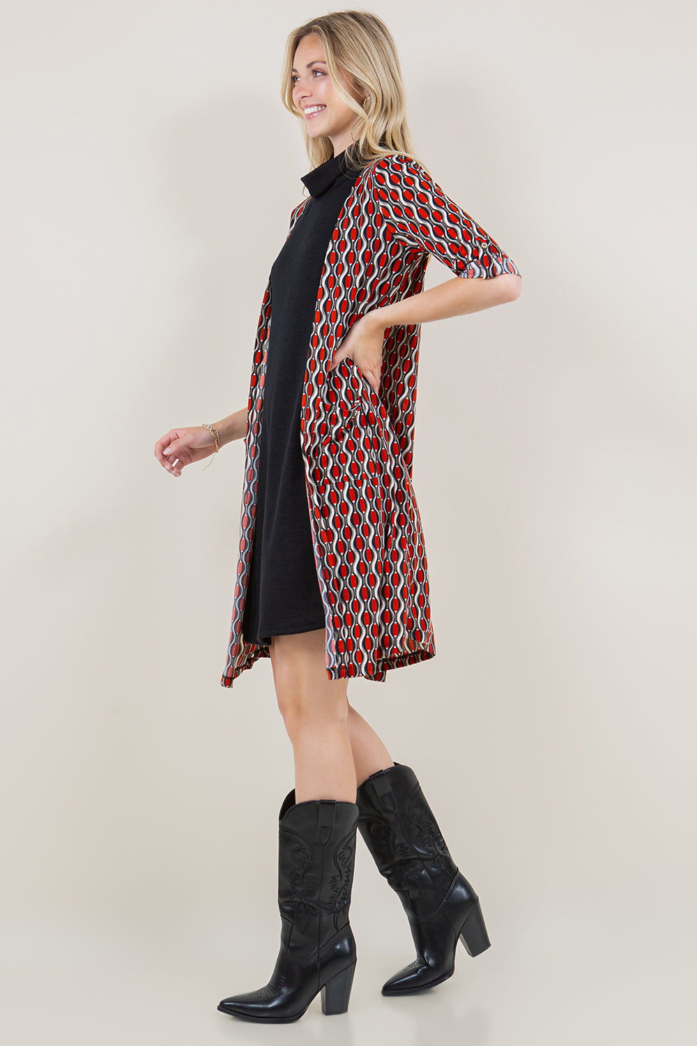 ELBOW SLEEVE COWL NECK CARDIGAN TWOFER DRESS - D3569-95827-1-2FER